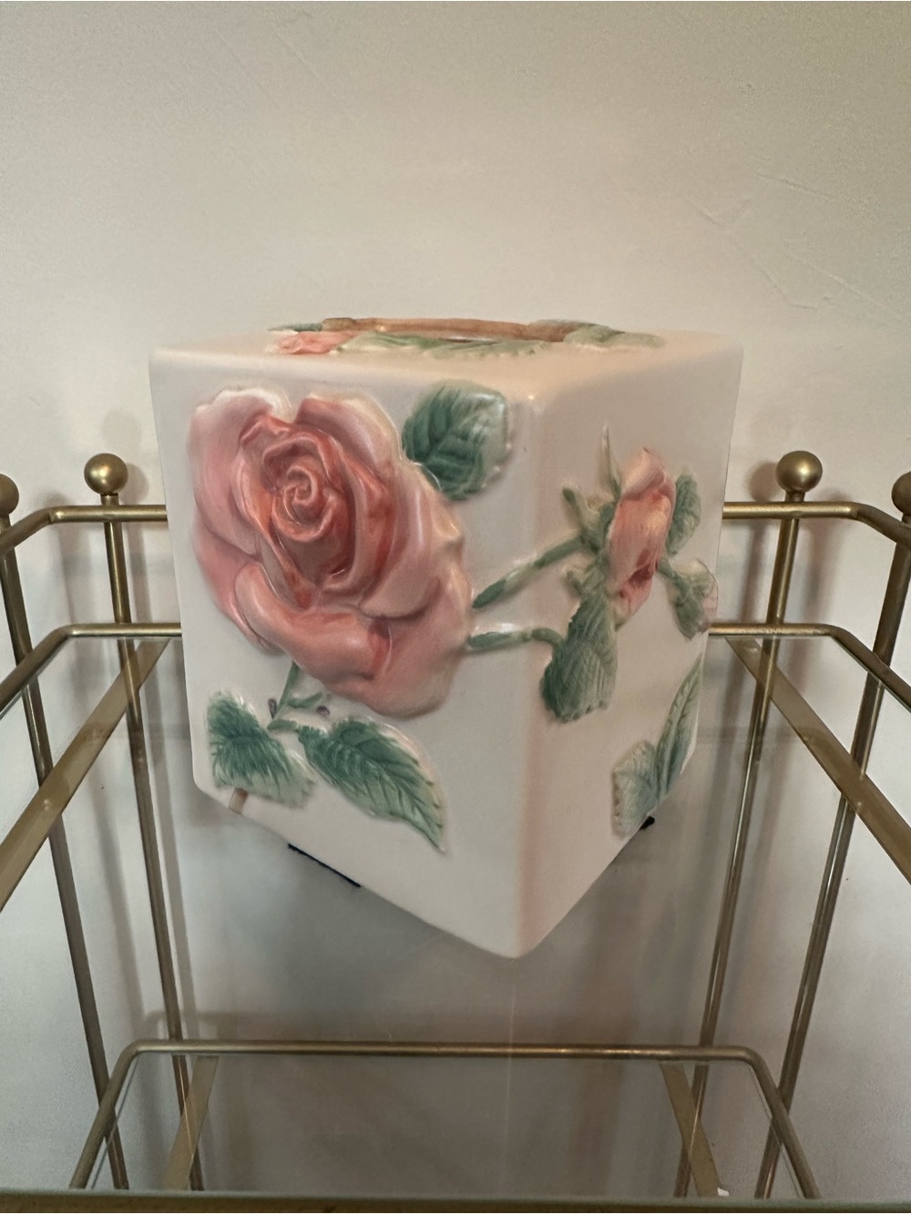 EUC Vintage Fitz And Floyd Blushing Rose 3-D Ceramic Tissue Box Cover 1987 Pink